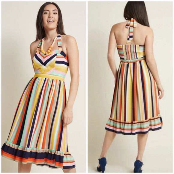 ModCloth Dresses & Skirts - Modcloth Multicolor Striped Halter Dress Sweetheart Neck Fit & Flare Size XL